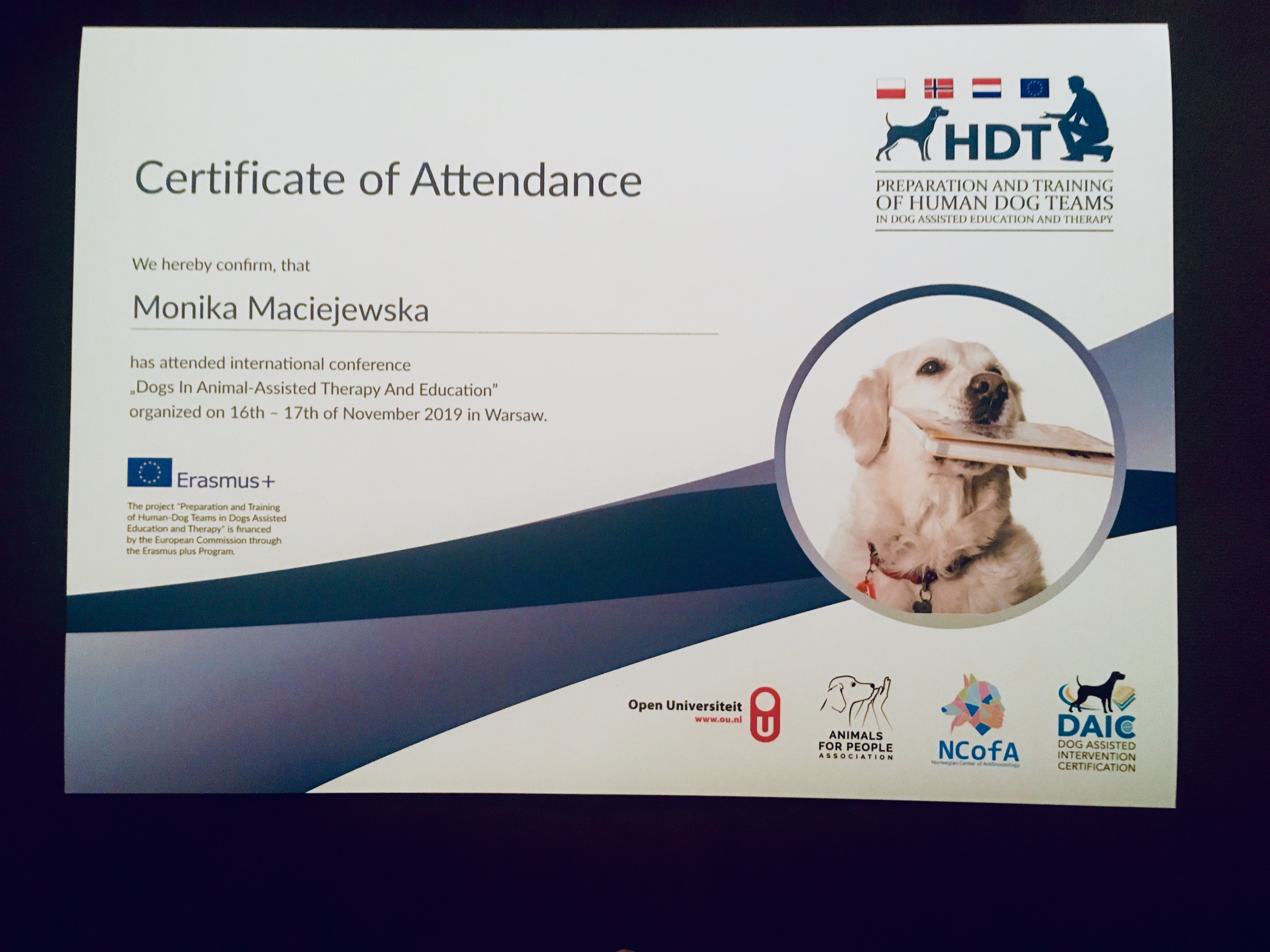 ceryfikat międzynarodowej konferencji Dog in Animal Assisted Interventions od Stowarzyszenie Zwierzęta Ludziom