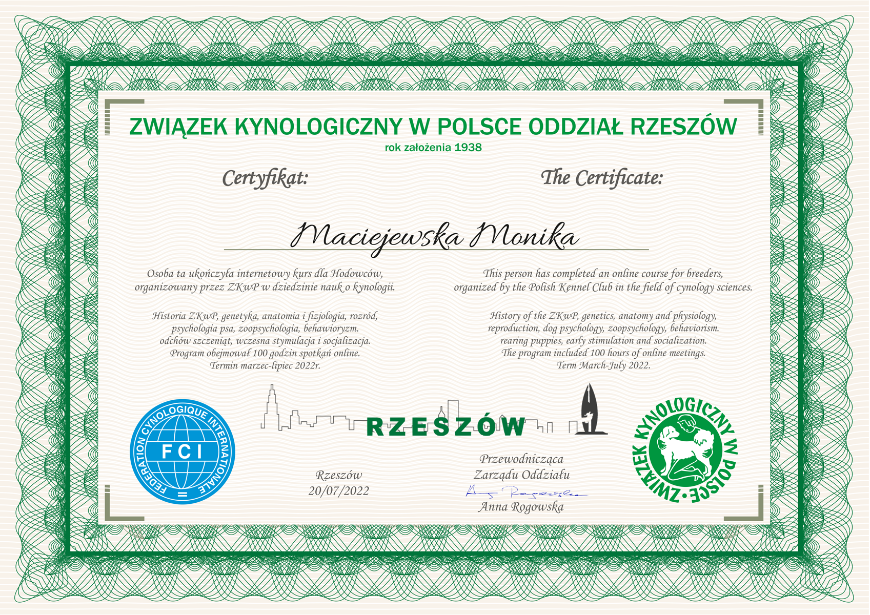 certyfikat cyklu szkoleń dla hodowców ZKwP Rzeszów